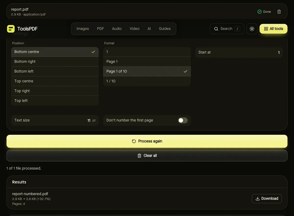 Add page numbers after processing sample files, showing settings, results and download buttons