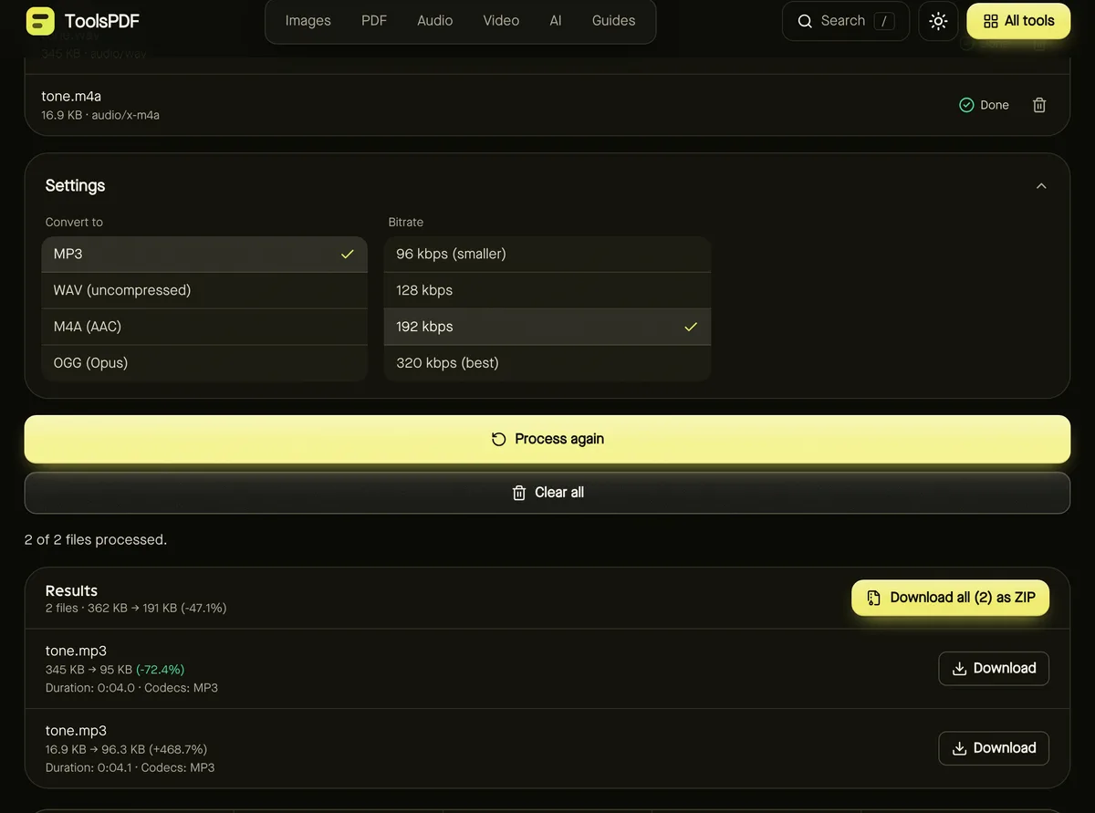 Audio converter after processing sample files, showing settings, results and download buttons