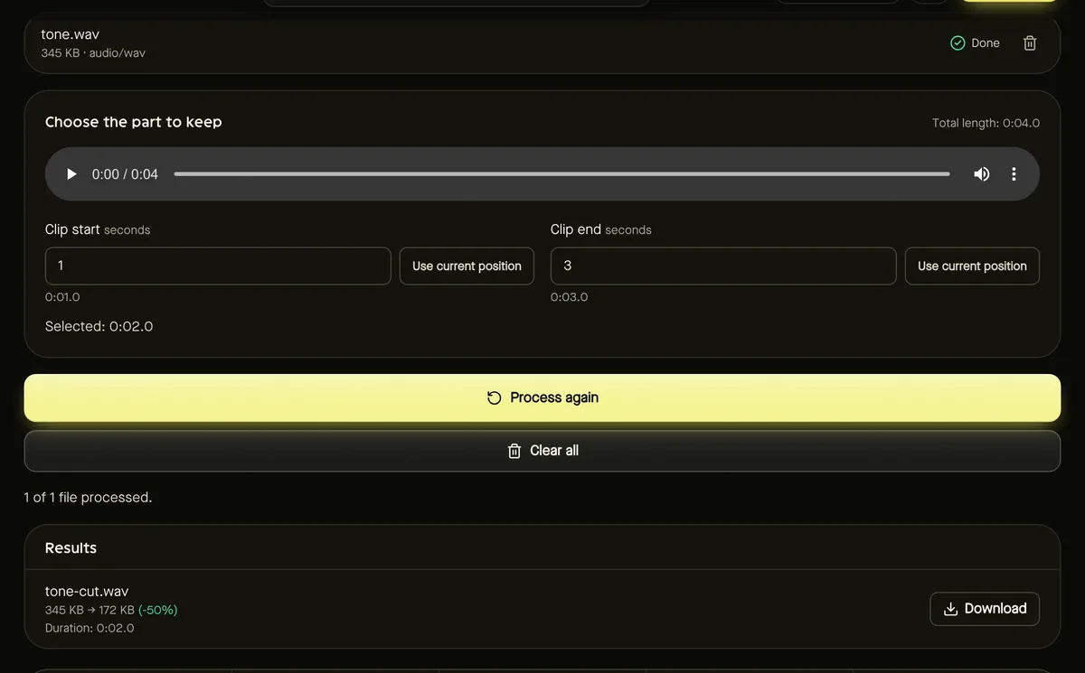 Audio cutter after processing sample files, showing settings, results and download buttons