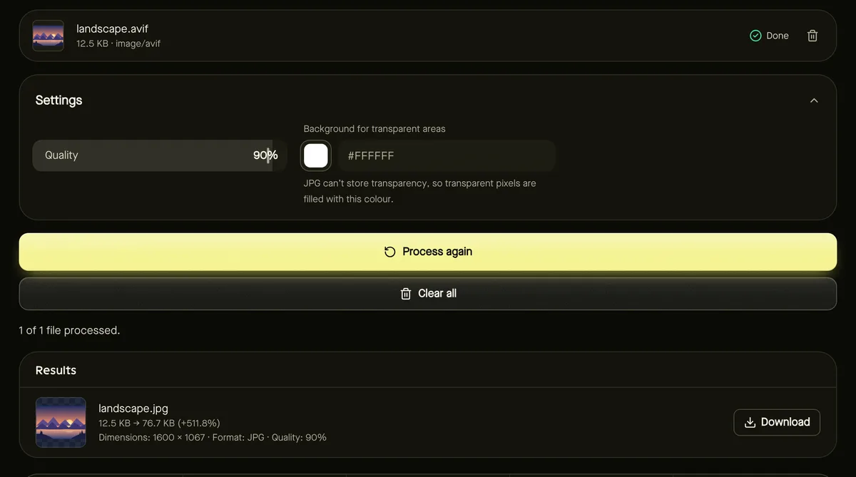AVIF to JPG after processing sample files, showing settings, results and download buttons