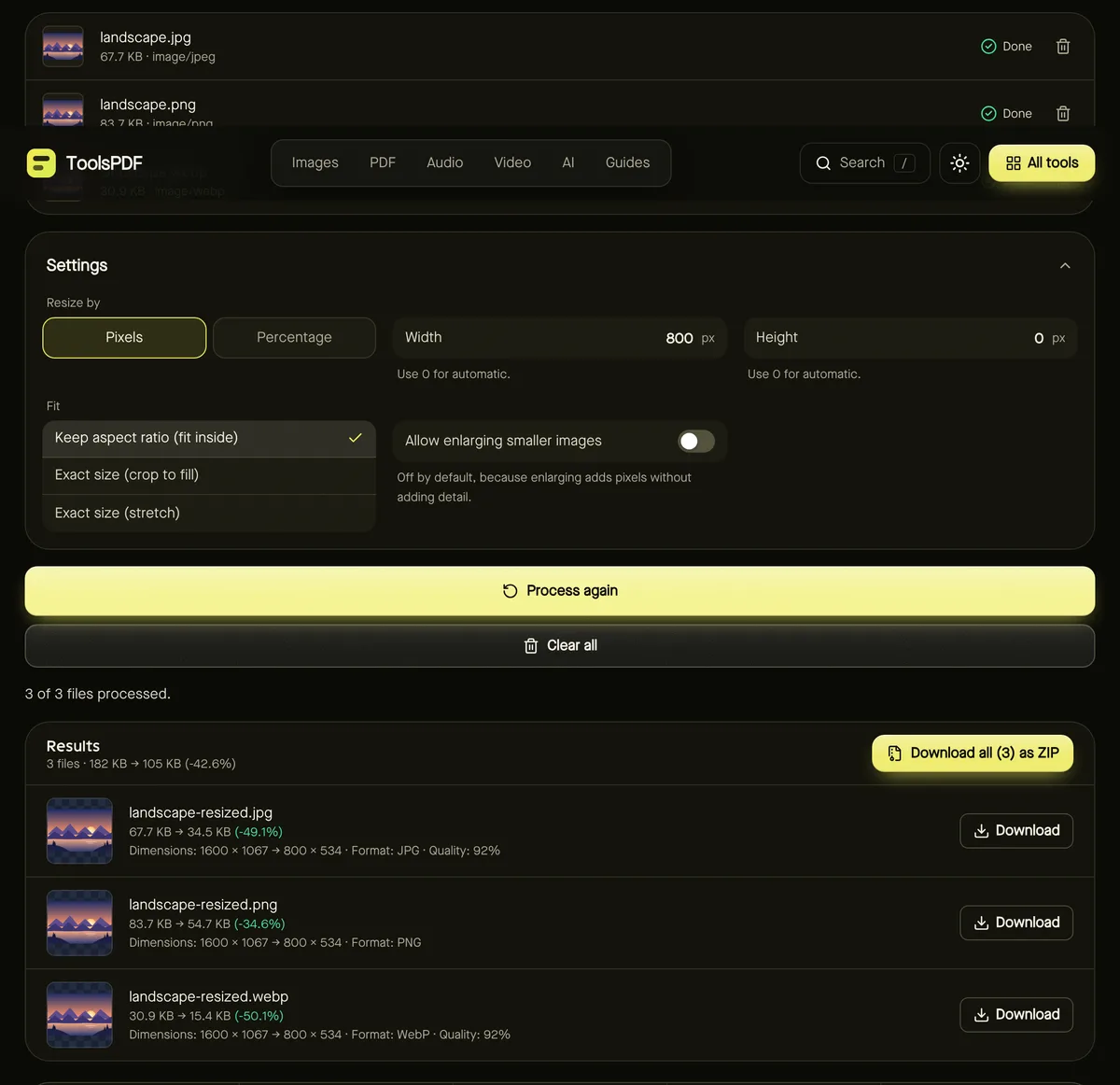 Bulk image resizer after processing sample files, showing settings, results and download buttons