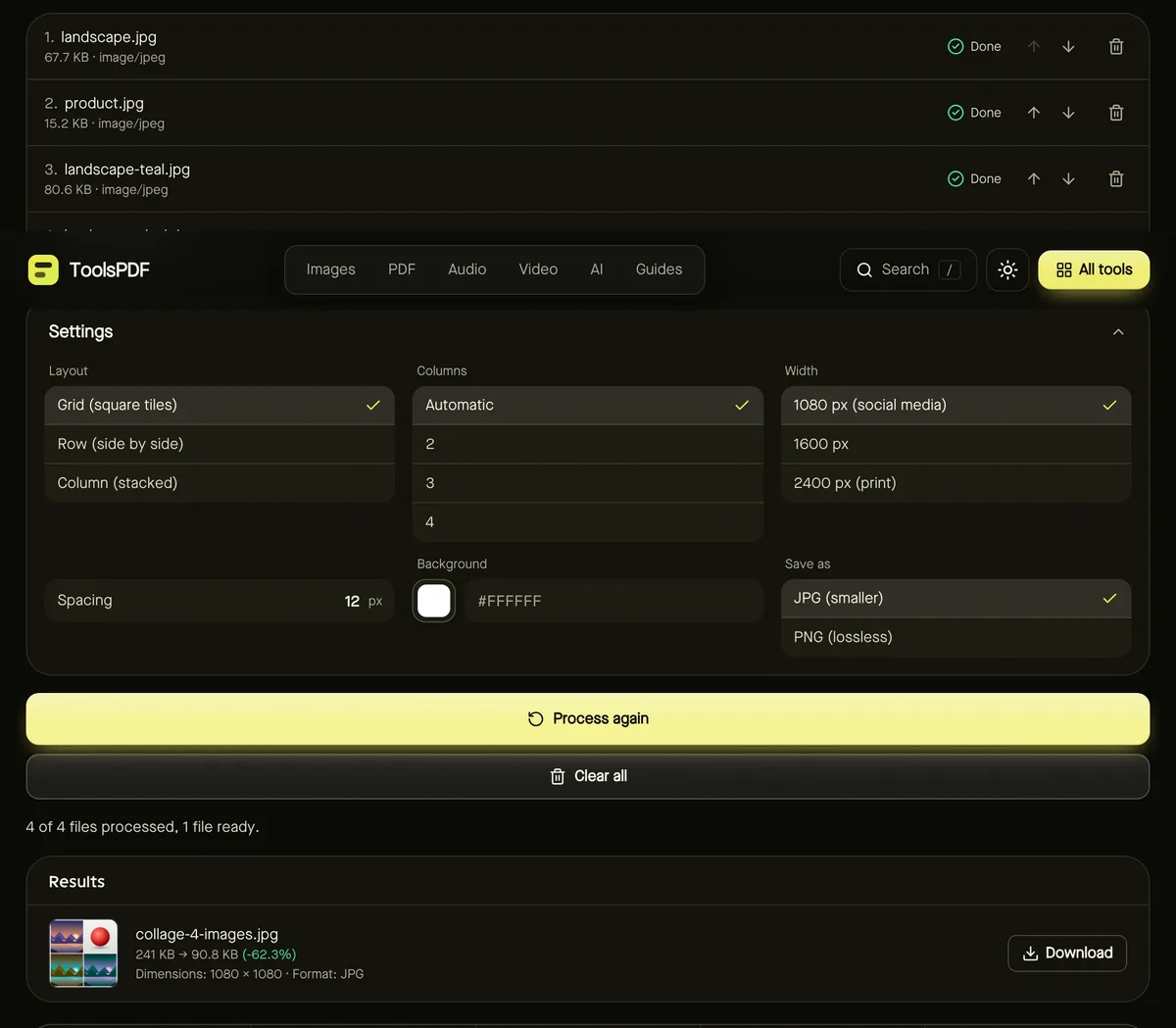 Collage maker after processing sample files, showing settings, results and download buttons