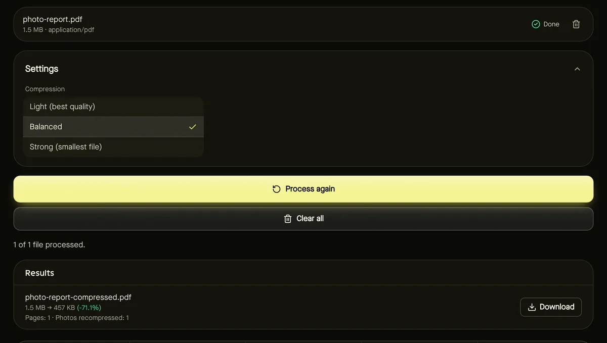 Compress PDF after processing sample files, showing settings, results and download buttons