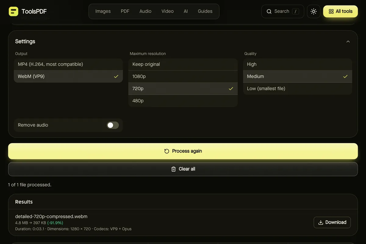 Compress video after processing sample files, showing settings, results and download buttons