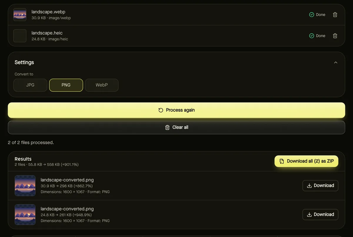 Convert image after processing sample files, showing settings, results and download buttons