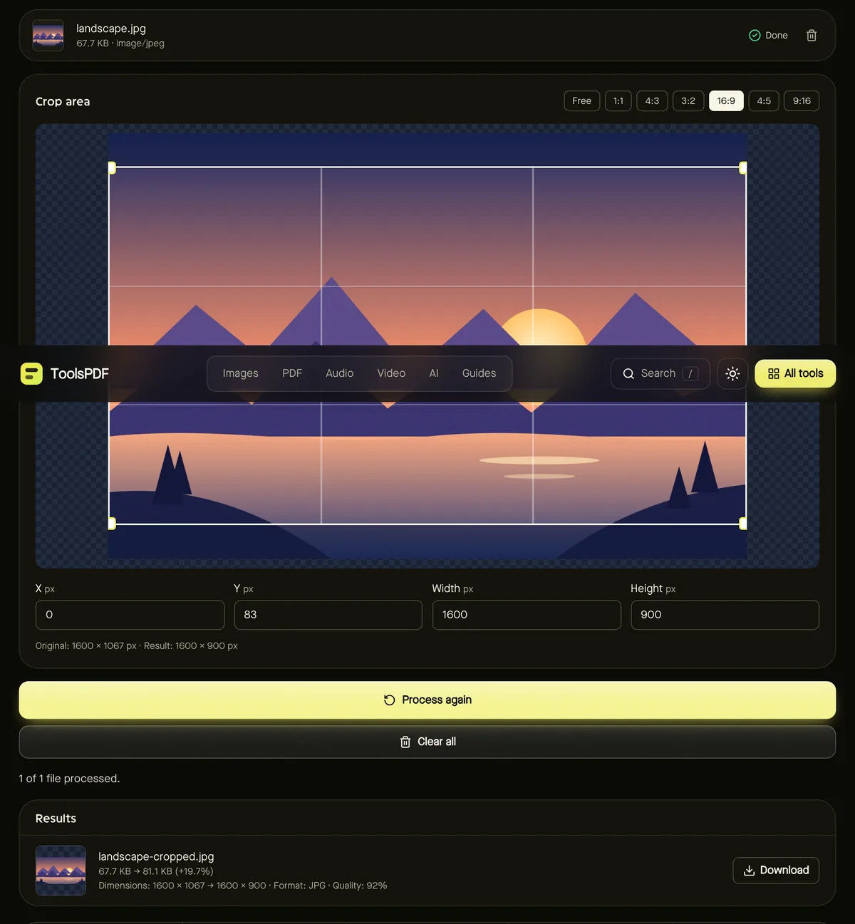 Crop image after processing sample files, showing settings, results and download buttons