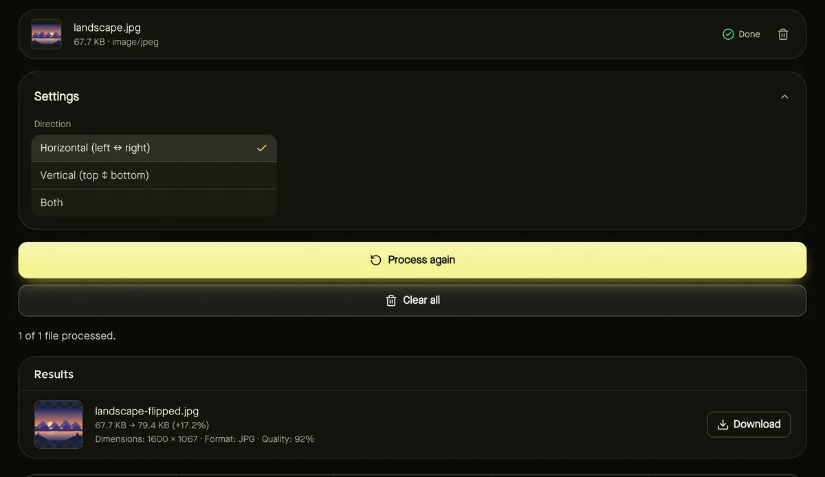Flip image after processing sample files, showing settings, results and download buttons