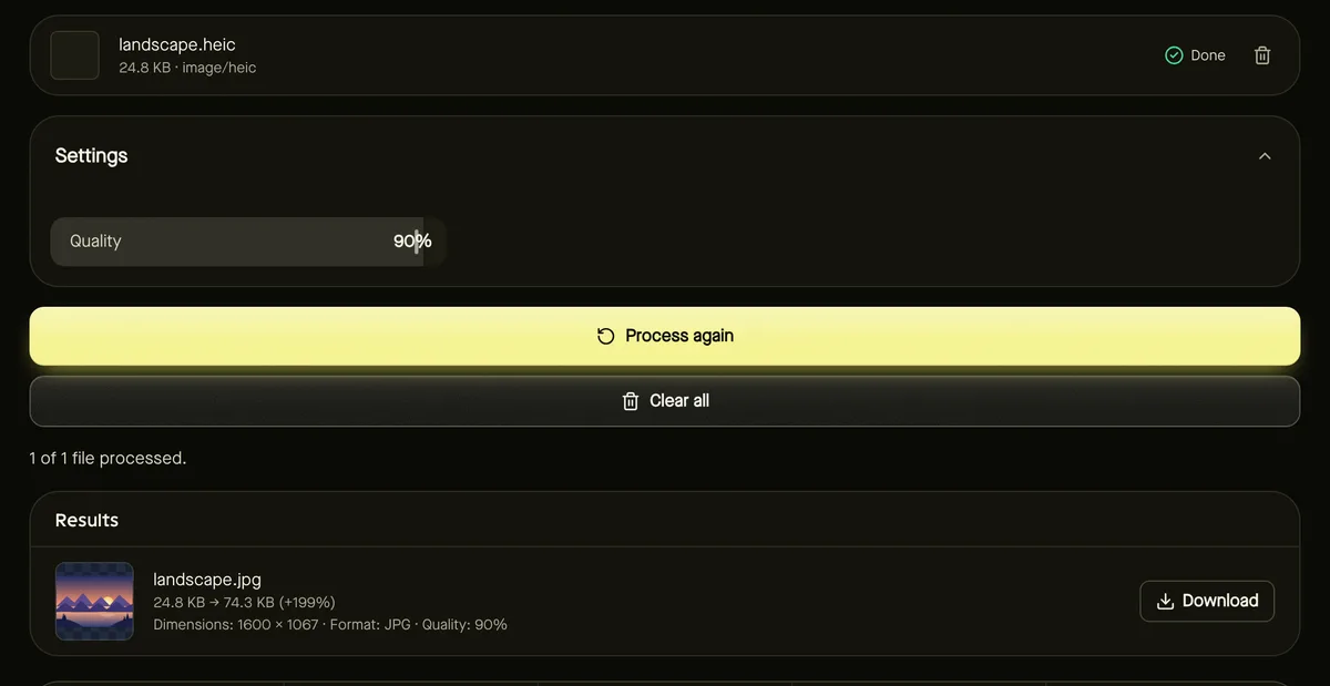 HEIC to JPG after processing sample files, showing settings, results and download buttons