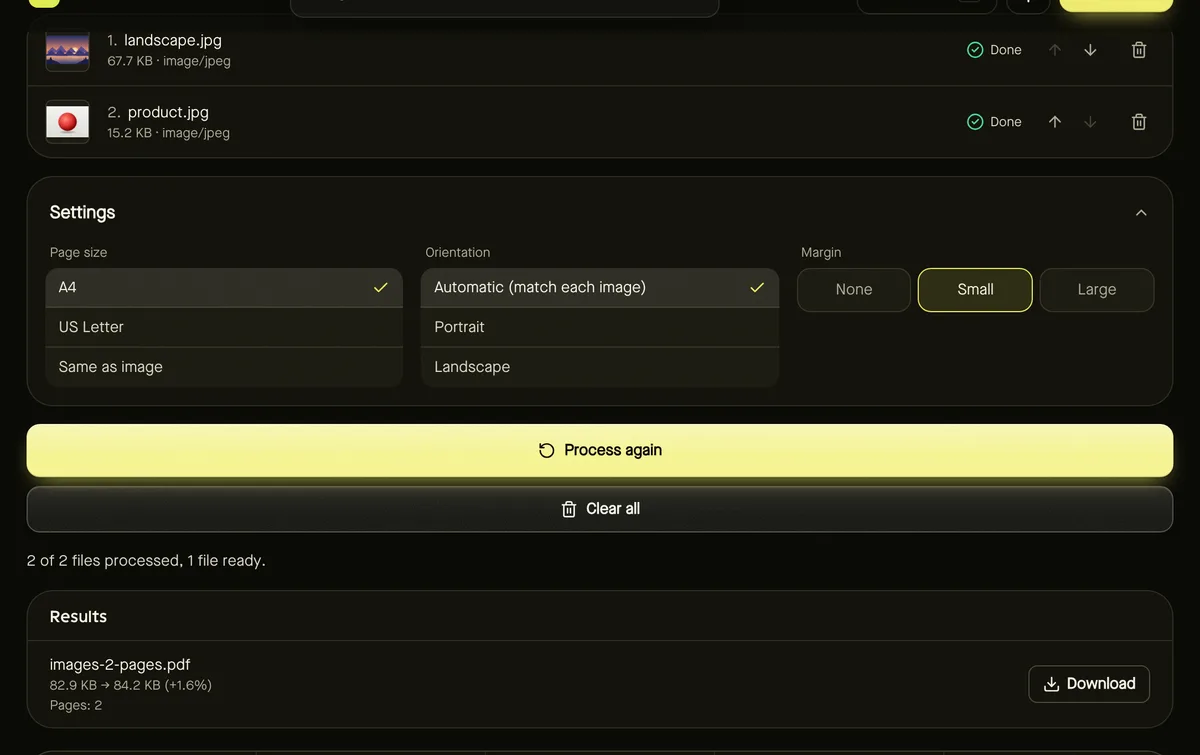 JPG to PDF after processing sample files, showing settings, results and download buttons