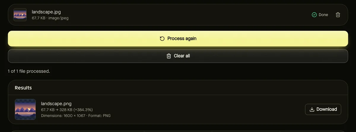 JPG to PNG after processing sample files, showing settings, results and download buttons