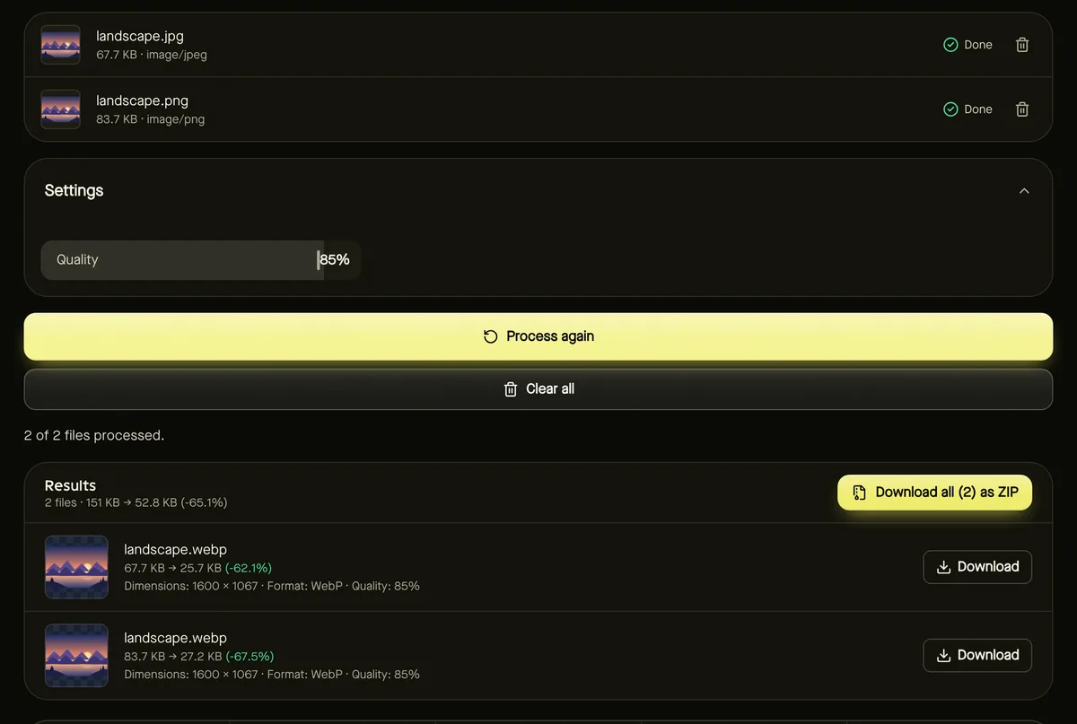 Convert to WebP after processing sample files, showing settings, results and download buttons