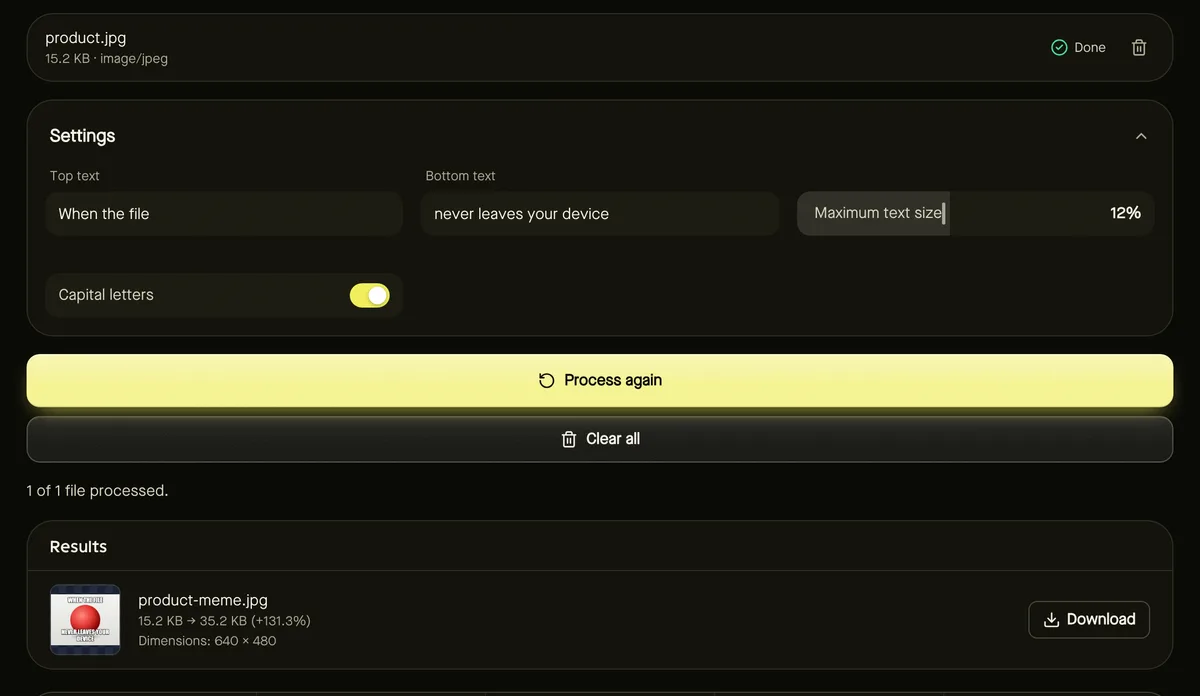 Meme generator after processing sample files, showing settings, results and download buttons