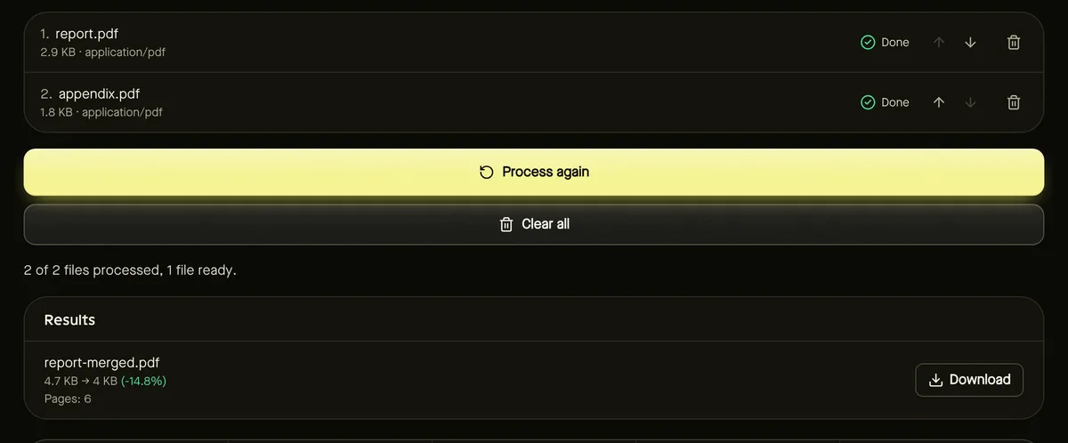 Merge PDF after processing sample files, showing settings, results and download buttons