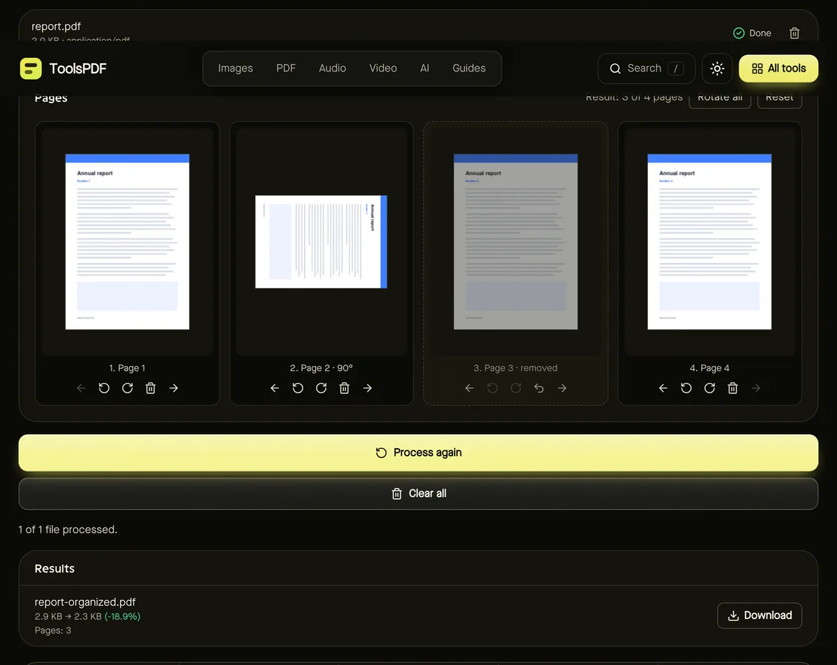 Organize PDF pages after processing sample files, showing settings, results and download buttons