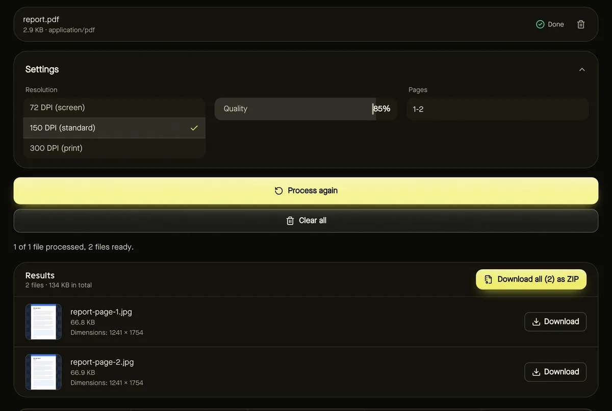 PDF to JPG after processing sample files, showing settings, results and download buttons