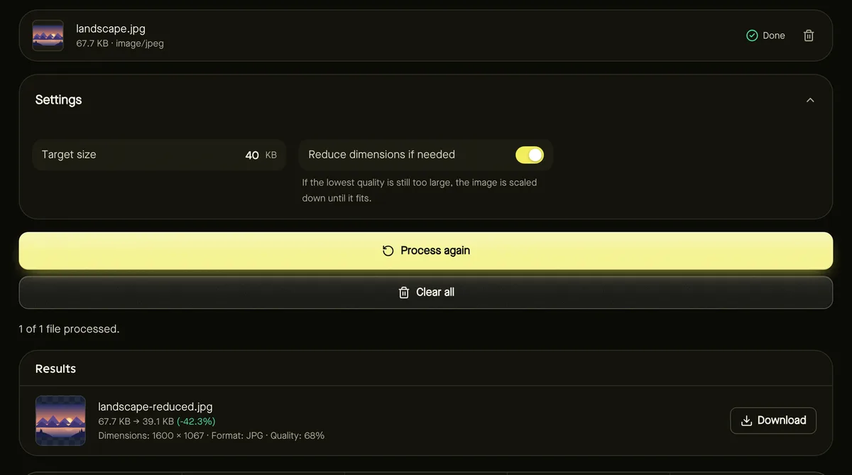 Reduce image size in KB after processing sample files, showing settings, results and download buttons