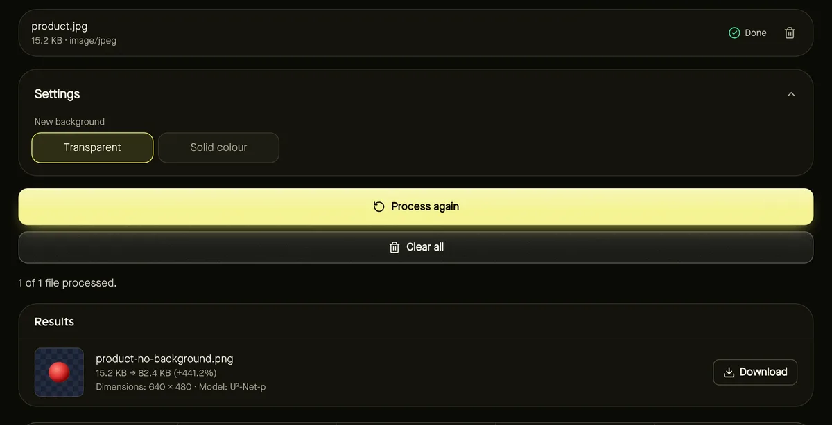 Remove background after processing sample files, showing settings, results and download buttons