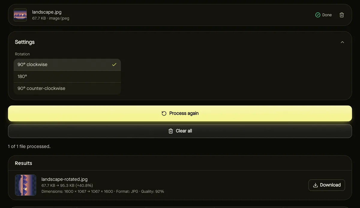 Rotate image after processing sample files, showing settings, results and download buttons
