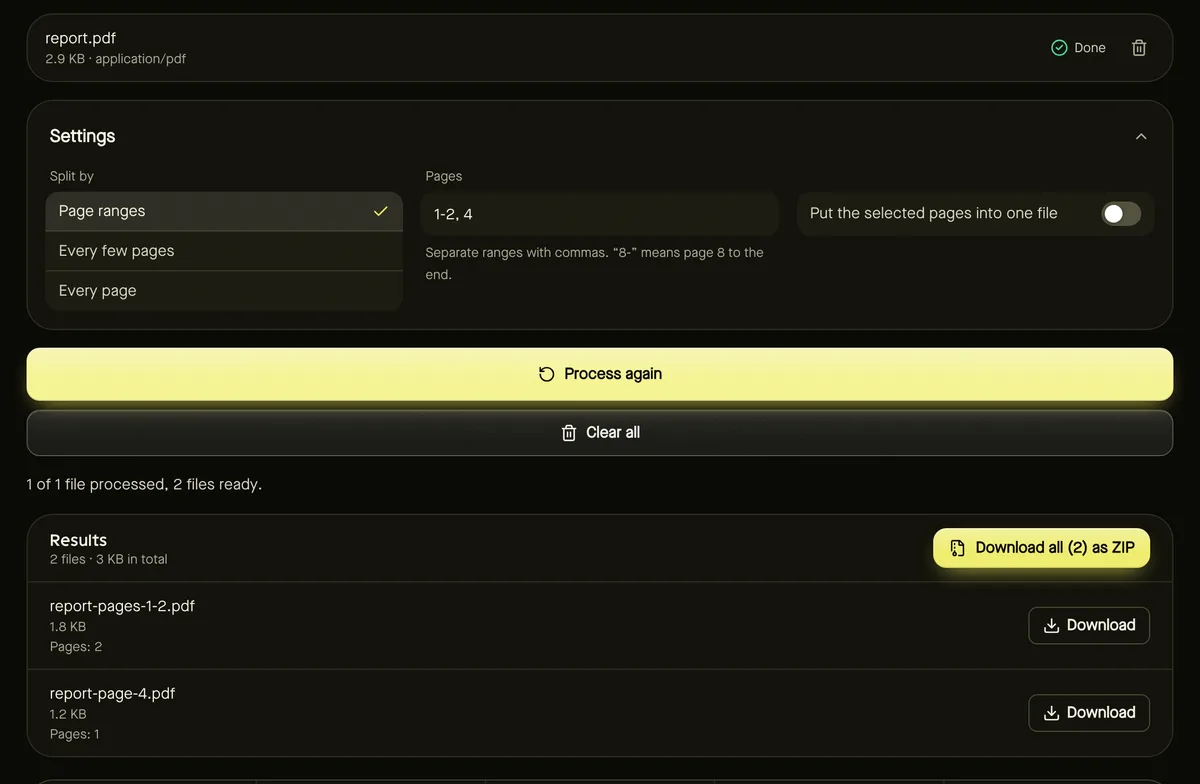 Split PDF after processing sample files, showing settings, results and download buttons