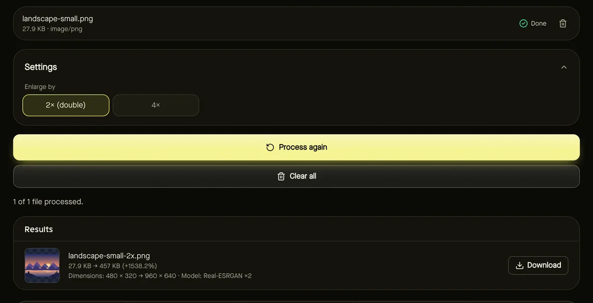 Upscale image after processing sample files, showing settings, results and download buttons