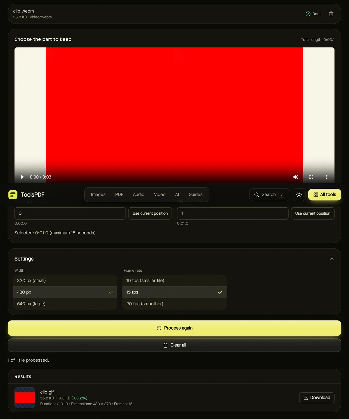 Video to GIF after processing sample files, showing settings, results and download buttons
