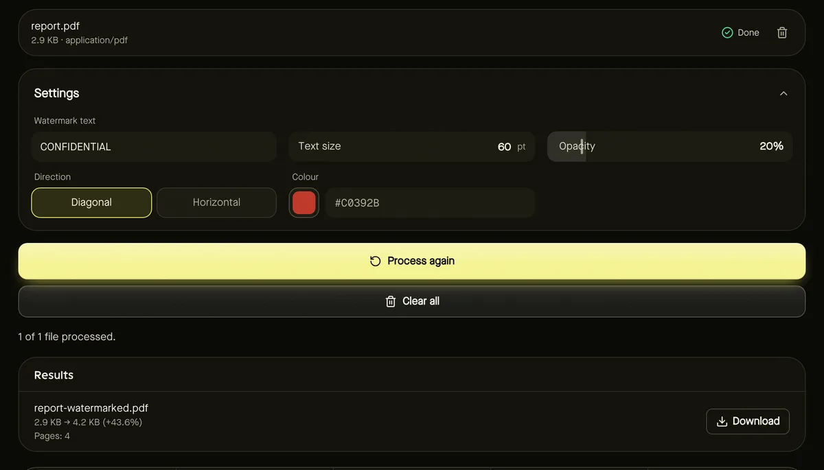 Watermark PDF after processing sample files, showing settings, results and download buttons