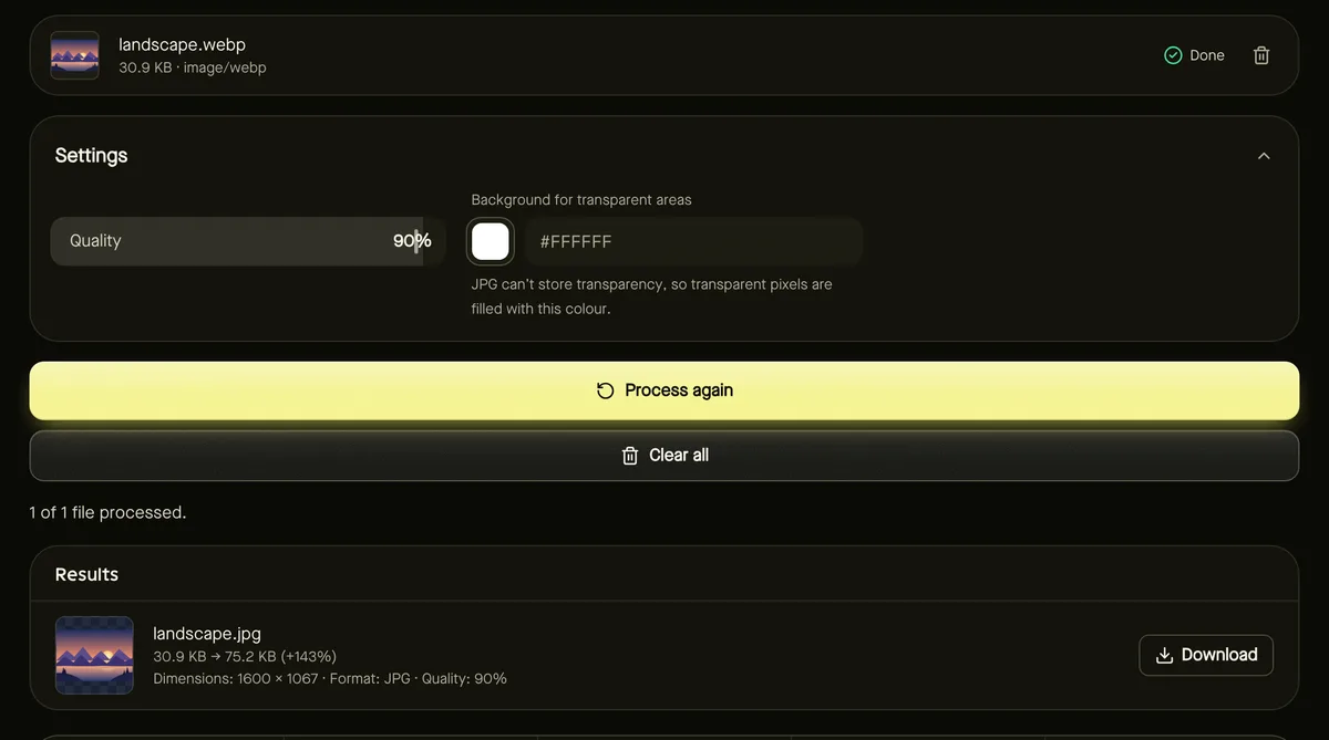 WebP to JPG after processing sample files, showing settings, results and download buttons